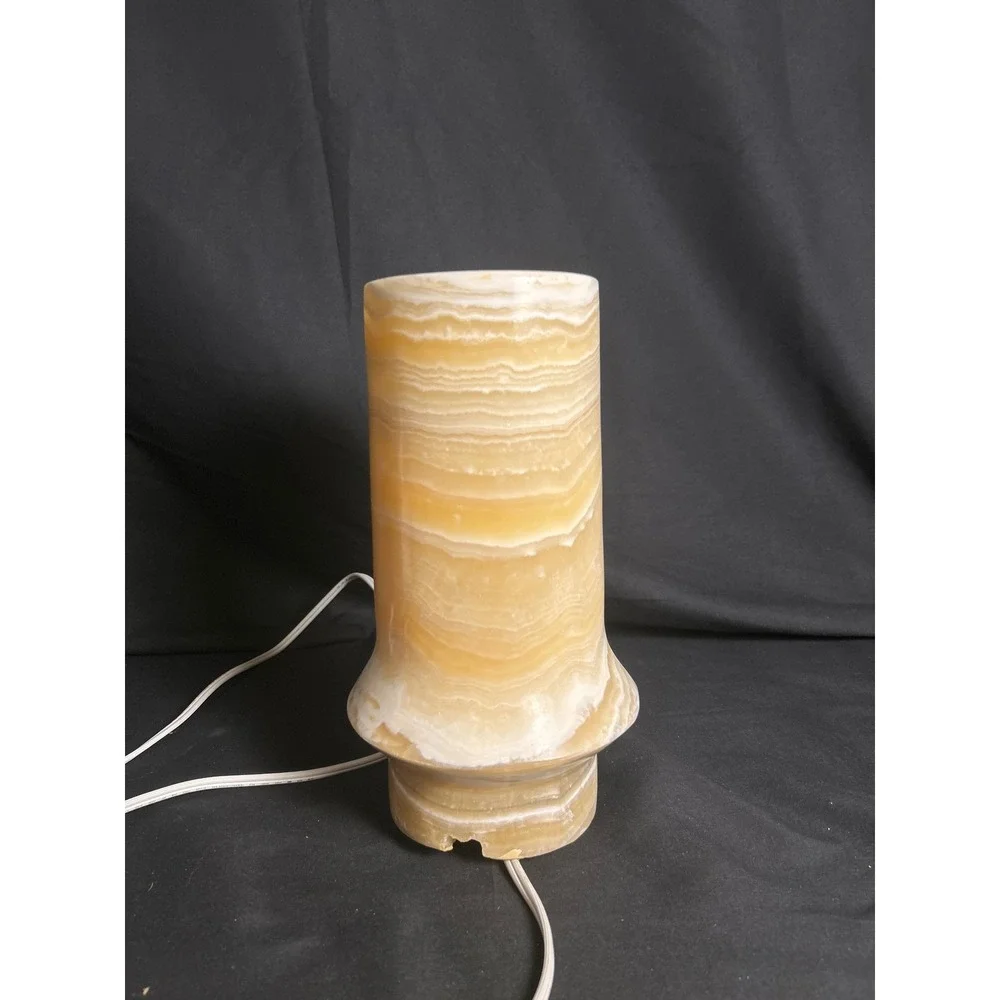 Vintage Natural Banded Onyx Cylinder Table Lamp Amber Stone 12in‎ Good Condition